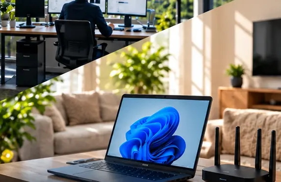 Laptop and Wi-Fi router in a living room at home