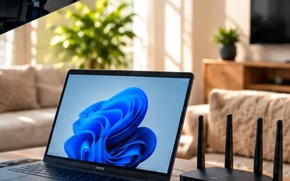 Laptop and Wi-Fi router set up on a desk at home