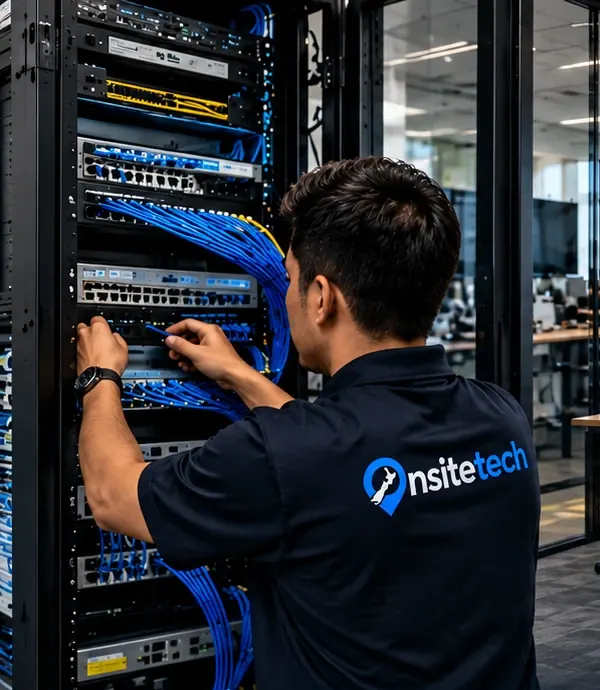 Onsite Tech technician patching network cables into a switch in a comms rack