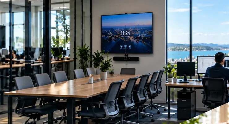 Office meeting room with a wall screen and a staff workstation by the window